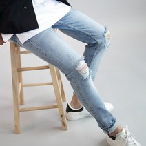 디벨로 남성용 스판 무파진 슬림 일자 무릎 컷팅 데미지진 9부 찢청 바지