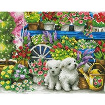 DIY큐빅 보석십자수 - (꽃수레와 강아지) 동물 풍경 명화 50x40