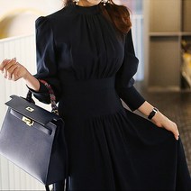전문 기질 스탠드 업 칼라 랜턴 슬리브 하이 웨이스트 슬림 드레이프 대형 스윙 드레스 여성