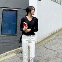 [옷자락] 여자 진주 버튼 미니 플라워 자수 물결 니트 가디건
