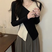 다온마켓 사선 배색 슬림 데일리 골지 V넥 니트 티셔츠