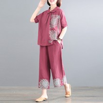 면마 여름 중년여성 빅사이즈 반팔티 배기팬츠 린넨 투피스 하늘비즈 C10 S155H136