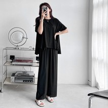 라우드 훌 와이드 팬츠 세트 빅사이즈 오버핏 롱티 후레아 라운드티 상하의세트 무지티 밴딩팬츠
