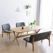 [리비니아] 릴렉스 원목 낮은 4인 1600 와이드 식탁세트/의자4개/의자2개+벤치의자1개 2type 2color, (벤치형)식탁1개+의자2개+벤치1개, 내츄럴