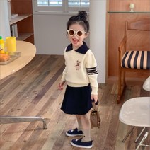 유아 여아 아기 유아 봄 상하세트 배색 카라 세라 곰돌이 니트 스커트 투피스 행사 트윈룩 결혼식 입학식 졸업식 자매룩 일상룩