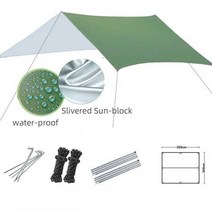 헥사타프 블랙코팅타프 캠핑 그늘막 대형 백패킹 차박, 은색 녹색(폴 포함 3x3미터)