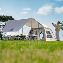 야외 자동 텐트 캐노피 하나의 투인원 방수 두꺼운 글램핑 감성 장박 대형, 옐로우 텐트 + 캐노피 + 방습 패드