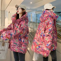 핑크 숏패딩 점퍼 경량 빅사이즈 오버핏 후드 모자 무늬 그림 스키장 보드 겨울 방수 블랙 화이트 커플