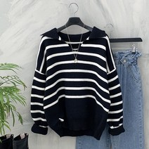 브이 오픈넥 스트라이프 카라 니트