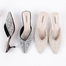 프리티슈 스틸레토 여성 진주 큐빅 장식 미들힐 뮬 블로퍼 슬리퍼 6.5cm