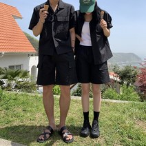 어둑 남자 커플 세트 나일론 포켓 반팔 셔츠 카고 반바지 상하의셋업