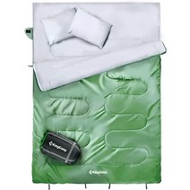 KingCamp 성인 2인용 더블 침낭 캠핑 경량 방수 3in1 면 플란넬 3계절 춥고 날씨 바닥 시트 압축 가방 베개 2개, Green-New