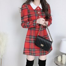 라운드 카라 진주 버튼 아방핏 크리스마스 체크 연말 모직 원피스