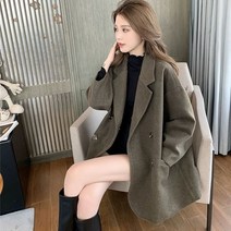 위위브렌 여성용 간절기 트렌디 모직 더블 버튼 코트 재킷