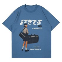 Vamtac 오버사이즈 그래픽 티셔츠 하라주쿠 스트리트웨어 탑 캐주얼 루즈 빈티지 일본 프린트 티 Y2K 여름 유니 01-블루, 01-blue