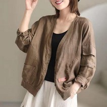 여성 린넨 롱 자켓 봄 스타일 루즈핏 캐주얼 긴팔 브이넥 코트 싱글 코튼 패치워크