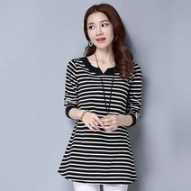 썸머바이브 여성 브이넥 줄무늬 긴팔 롱 티셔츠
