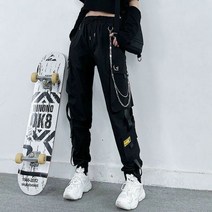 카고 여성 바지 펑크 블랙 조깅 하렘 발목 길이 체인 있음 2022 봄 여름