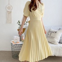 러빙엠 투웨이 퍼프 리본 셔링 새틴 랩 브이넥 반팔 플리츠 주름 롱 원피스