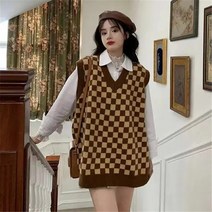 손뜨개조끼 오버핏 롱 크롭 니트조끼 플러스 사이즈 3xl 격자 무늬 인쇄 v-목 조끼 여성 어 기본 민소매 Preppy 스타일 니트 스웨터 대형