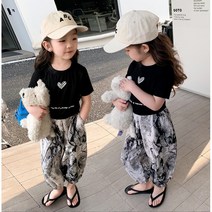 쁘띠람 아동 상하복 여아 아기 여름상하복 블랙티셔츠 나염바지 등원 자매