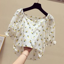 브이넥티셔츠 할인점 여성의류 마름질 전문점 궤짝을 치우다 플라워 반팔셔츠 숏 상의 여름 2429672391