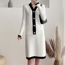 배색 투피스 세트 니트제품 금장버튼 허리밴딩 하객룩