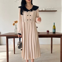 빨강몽키 봄 가을 여성 빅카라 브이넥 주름 원피스 미디원피스