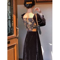 해외여행 플레어 러블리 플로럴 휴가 롱 꽃무늬 원피스 빈티지 벨벳 블랙 드레스 레이디 스퀘어 칼라 긴 소매 이브닝 파티 미디 캐주얼 가을