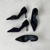 [ 테너르 헤링본 ver 사이드 오픈 펌프스 ] 트위드 포인티드 스틸레토 힐 7cm / 블랙 여자 여성 구두 높은굽 하이 고급스러운 칼발 신발 추천 편한 예쁜 연말룩 어울리는 /