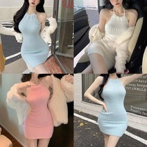 여자 홀터넥 백리스 초미니 니트 할로윈 글램 원피스