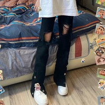 트임청바지 블랙 대미지 여성 여름 가을 얇은 작은 키 빅진 디자인감각 고가 긴바지 2474743229