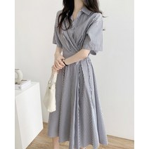 클로디 스트라이프 반팔 핀턱 셔츠 랩 원피스