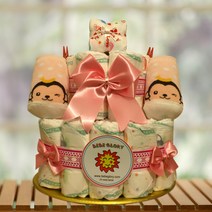 기저귀케이크2단 베베슈 하기스기저귀28개+양말+무형광손수건 포함 완성품, 여아용_2단계_백일이전용