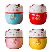 마네키네코 행운의 고양이 저금통 세라믹 도자기 복 금전 인테리어소품, 핑크, 1개