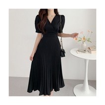 플리츠 원피스 플레어 그린 화이트 쉬폰 드레스 여성 브이넥 에이라인 캐주얼 반팔