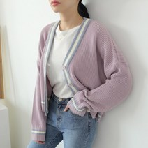 제니트 여성 루즈핏 브이넥 배색 니트 가디건 퍼시배색CD
