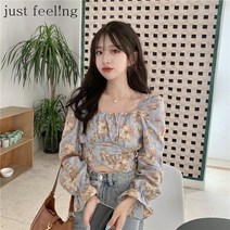 just feel!ng 여성 플라워 네크라인 퍼프 소매 오프숄더 블라우스 긴팔 쇼트 옐로우 퍼플 2컬러