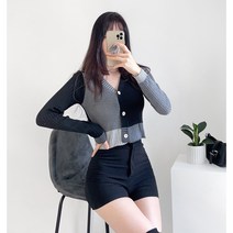 여성 여자 간절기 가을 브이넥 골지 니트 배색 그레이 블랙 긴팔 크롭 숏 짧은 가디건