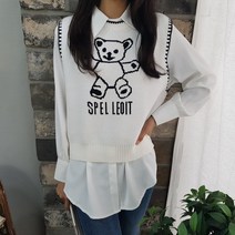 상상그이상 여성용 곰돌이 니트조끼 부드러운 필수 블라우스 코디세트 스티치 포인트 사이즈좋은 프린팅 자수 레이어드 가성비 좋은 가볍고 따뜻한 베스트 사계절 데일리템