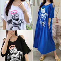 러브포텐 여성 빅사이즈 반팔 롱원피스 어깨트임 여름 원피스 오버핏 천사 프린팅 홈웨어 반팔 원피스 여성용 [달콤 디저트 포함]