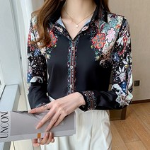 실크블라우스 패션 플라워 프린트 여성 셔츠 블라우스 봄 가을 긴 소매 상의