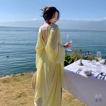 497054 여성 데일리 원피스 봄 여름 산야 여행 사진 비치 스커트 해변 휴가 보헤미안 롱 드레스 프렌치룩 스타일 백리스