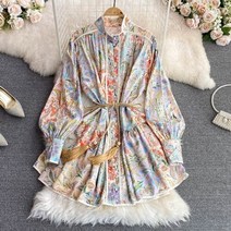 봄과 여름 여성을위한 새로운 빈티지 스탠드 칼라 싱글 브레스트 프린트 a 라인 대형 밑단 비치 드레스 드레스