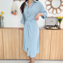 포미데이 소매트임 허리꼬임 카라원피스