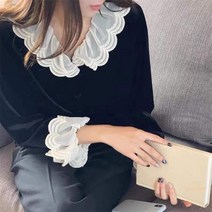 파스텔톤 플레어레이스인형넥셔츠여 봄신상 날씬해 보이는수술벨벳블라우스