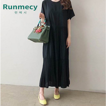 런메시Runmecy 여름 원피스 라운드 린넨 루즈핏 셔링 반팔 원피스