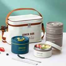 스테인리스강 보온 원형 도시락 출근 도시락 3단+식기+보온 가방, 짙은 남색