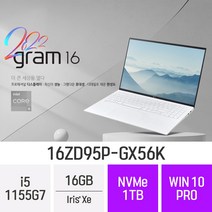 LG 2022 그램16 16ZD95P-GX56K [CPU 12세대 무상 업그레이드 출고] + 한컴오피스 증정, 16GB, WIN10PRO, 1TB