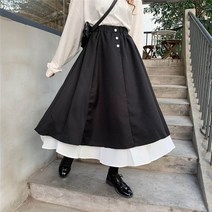 가을 여성 스커트 높은 허리 학생 한국어 스타일 어두운 빈티지 패치 워크 긴 라인 단순히 스커트 스커트 여성 패션 2022